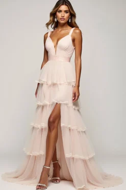 Candy Pink A Line V-Neck Tiered Tulle Prom Dress