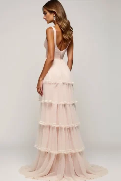 Candy Pink A Line V-Neck Tiered Tulle Prom Dress