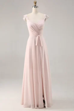Candy Pink Cap mangas Ruched longo vestido de dama de honra com Sash