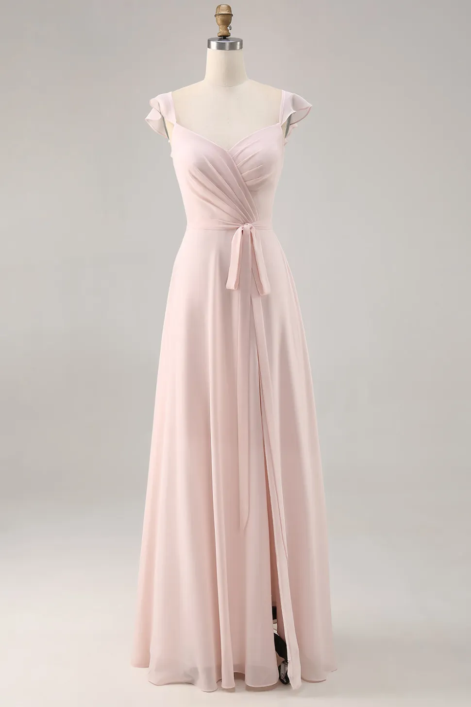 Candy Pink Cap mangas Ruched longo vestido de dama de honra com Sash