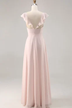 Candy Pink Cap mangas Ruched longo vestido de dama de honra com Sash
