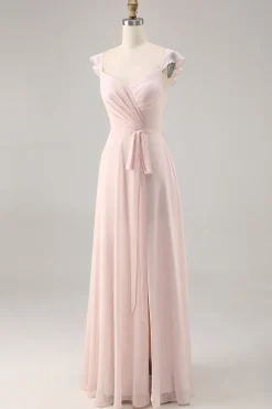 Candy Pink Cap mangas Ruched longo vestido de dama de honra com Sash