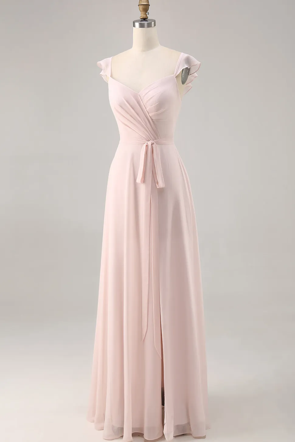 Candy Pink Cap mangas Ruched longo vestido de dama de honra com Sash