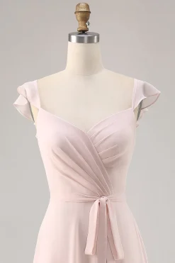 Candy Pink Cap mangas Ruched longo vestido de dama de honra com Sash