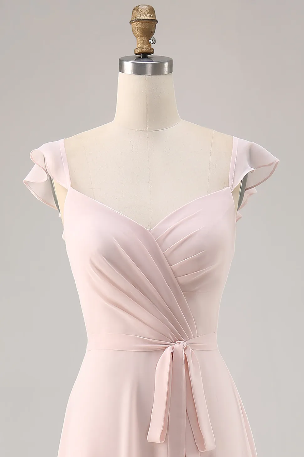 Candy Pink Cap mangas Ruched longo vestido de dama de honra com Sash