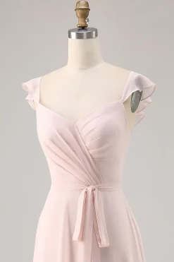 Candy Pink Cap mangas Ruched longo vestido de dama de honra com Sash