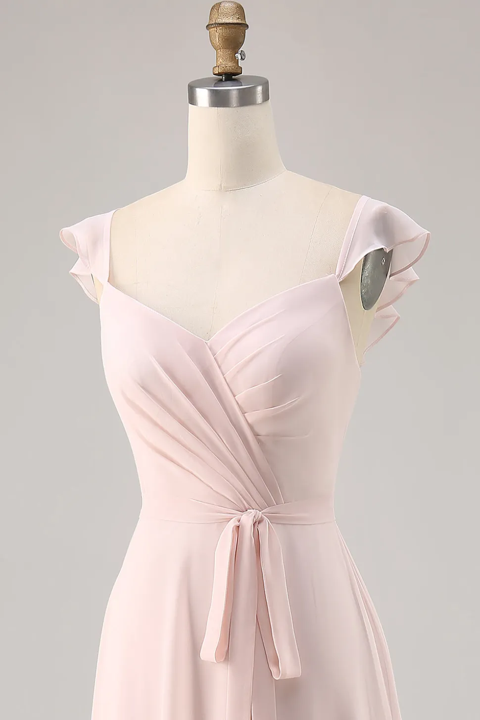 Candy Pink Cap mangas Ruched longo vestido de dama de honra com Sash