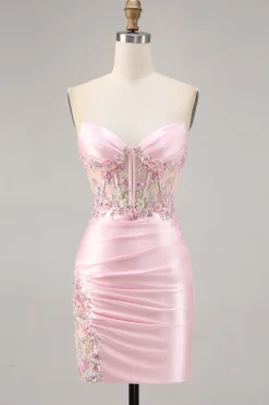 Candy Pink Satin Bodycon Short Corset Homecoming Vestido com Applique