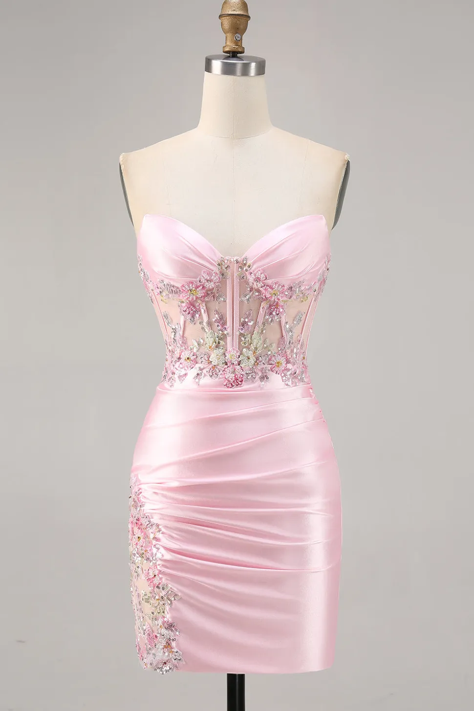 Candy Pink Satin Bodycon Short Corset Homecoming Vestido com Applique