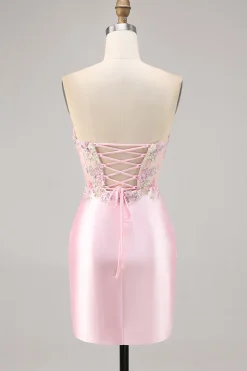 Candy Pink Satin Bodycon Short Corset Homecoming Vestido com Applique