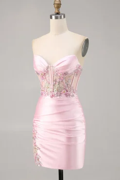 Candy Pink Satin Bodycon Short Corset Homecoming Vestido com Applique