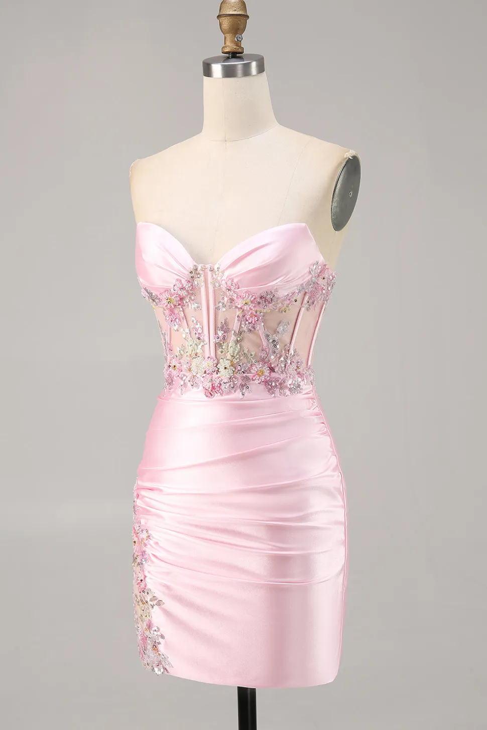 Candy Pink Satin Bodycon Short Corset Homecoming Vestido com Applique