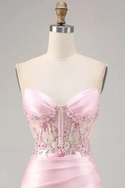 Candy Pink Satin Bodycon Short Corset Homecoming Vestido com Applique