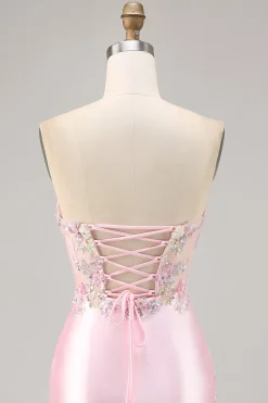 Candy Pink Satin Bodycon Short Corset Homecoming Vestido com Applique