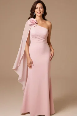 Candy Pink Um Ombro Chiffon Vestido de Noiva com Streamer