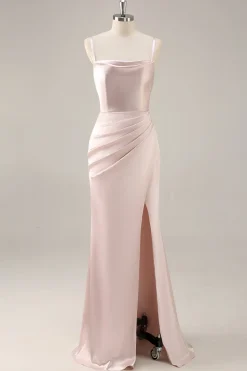 Candy Rosa Cetim Sereia Ruched Long Vestido de Dama de Honra com Fenda