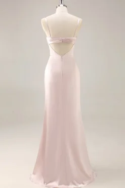 Candy Rosa Cetim Sereia Ruched Long Vestido de Dama de Honra com Fenda