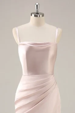 Candy Rosa Cetim Sereia Ruched Long Vestido de Dama de Honra com Fenda