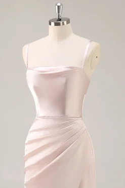 Candy Rosa Cetim Sereia Ruched Long Vestido de Dama de Honra com Fenda