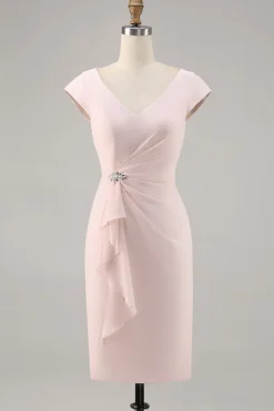 Candy Rosa V Pescoço Bodycon Midi Mãe de Noiva Vestido com Folho