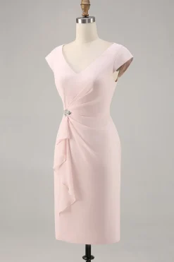 Candy Rosa V Pescoço Bodycon Midi Mãe de Noiva Vestido com Folho