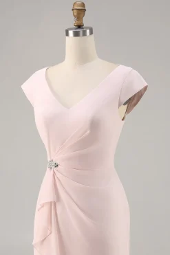 Candy Rosa V Pescoço Bodycon Midi Mãe de Noiva Vestido com Folho