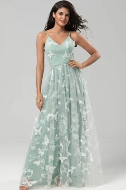 Capturado seu coração Uma linha de alças espaguete Matcha longo vestido de dama de honra com apliques