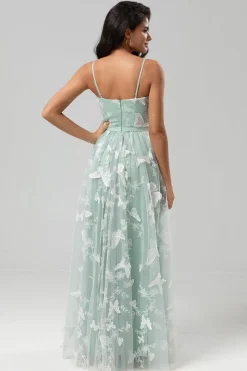 Capturado seu coração Uma linha de alças espaguete Matcha longo vestido de dama de honra com apliques