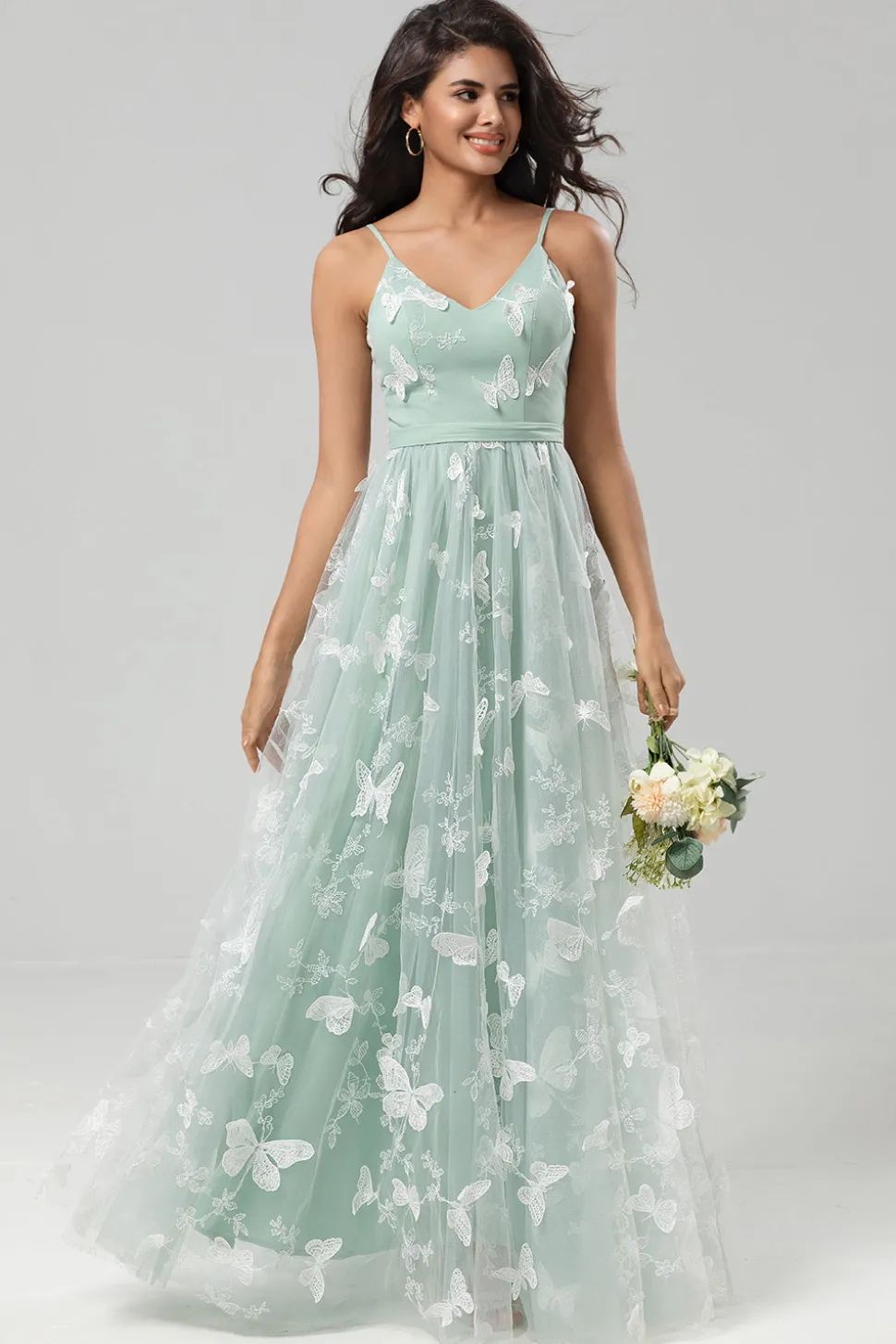 Capturado seu coração Uma linha de alças espaguete Matcha longo vestido de dama de honra com apliques