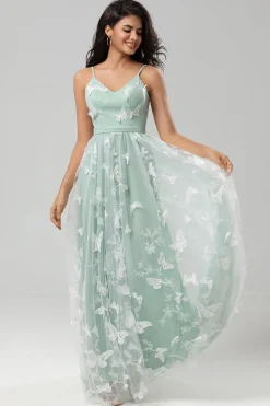 Capturado seu coração Uma linha de alças espaguete Matcha longo vestido de dama de honra com apliques