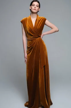 Caramelo V-Neck Velvet A-Line Vestido Formal Longo com Cap Mangas