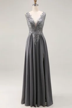 Carvão A Line V-Neck Lace Long Mother of the Bride Dress with Appliques
