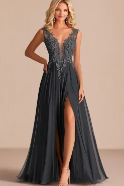 Carvão Uma Linha V-Neck Lace Appliques Mother of the Bride Dress