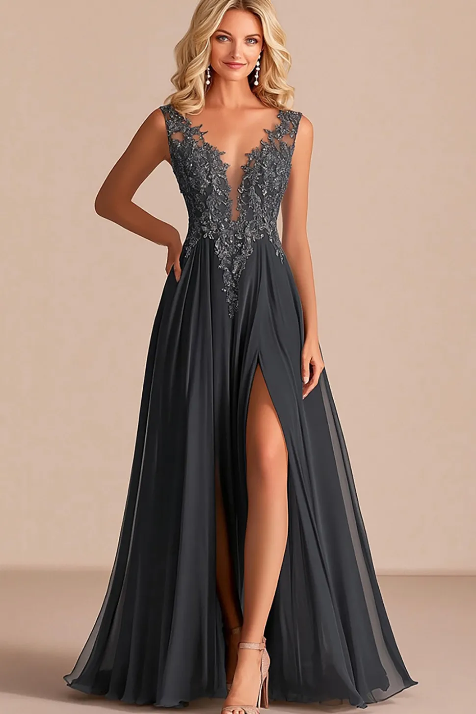 Carvão Uma Linha V-Neck Lace Appliques Mother of the Bride Dress