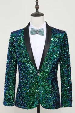 Casaco verde de blazer masculino de lantejoulas
