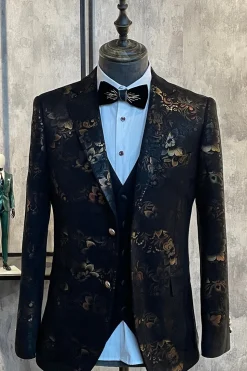 Castanho Escuro Lapela Entalhada Jacquard Blazer Masculino