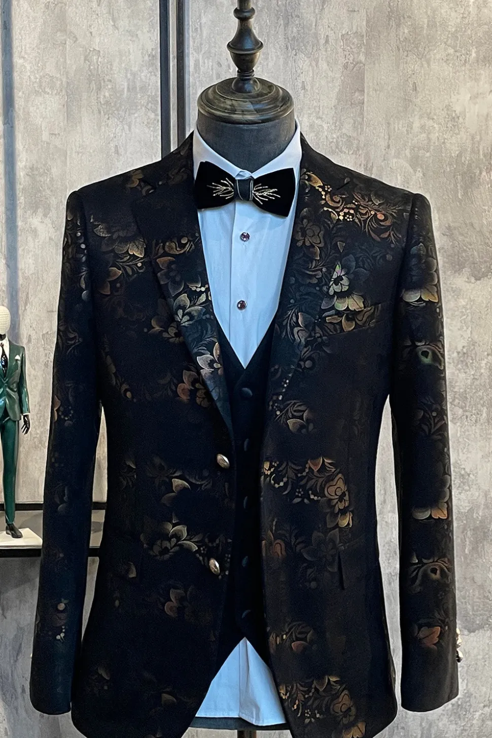 Castanho Escuro Lapela Entalhada Jacquard Blazer Masculino