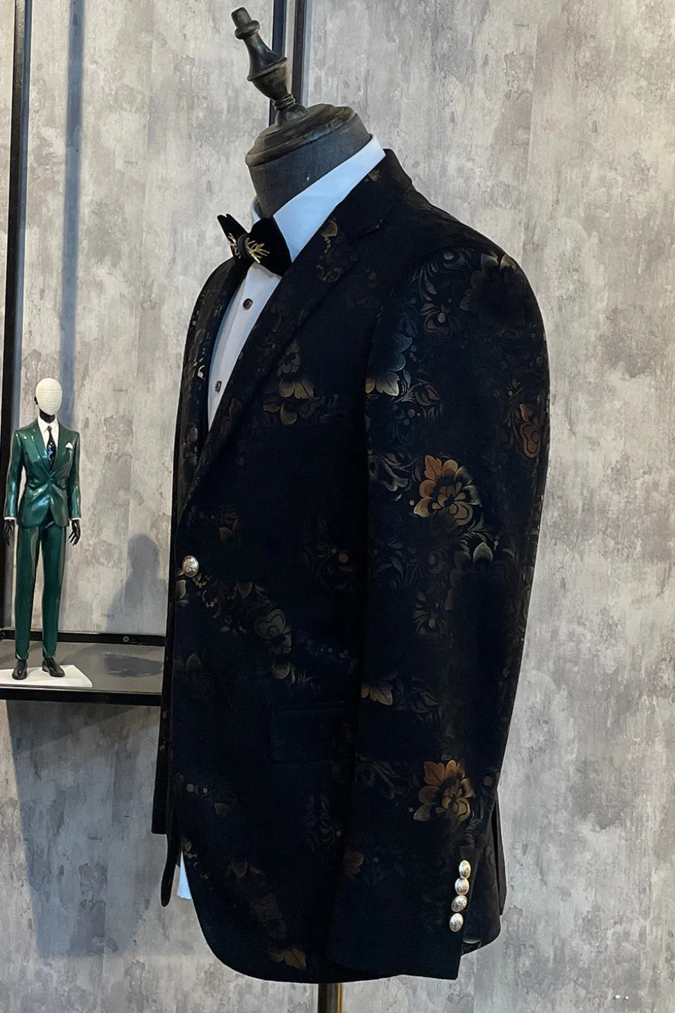 Castanho Escuro Lapela Entalhada Jacquard Blazer Masculino