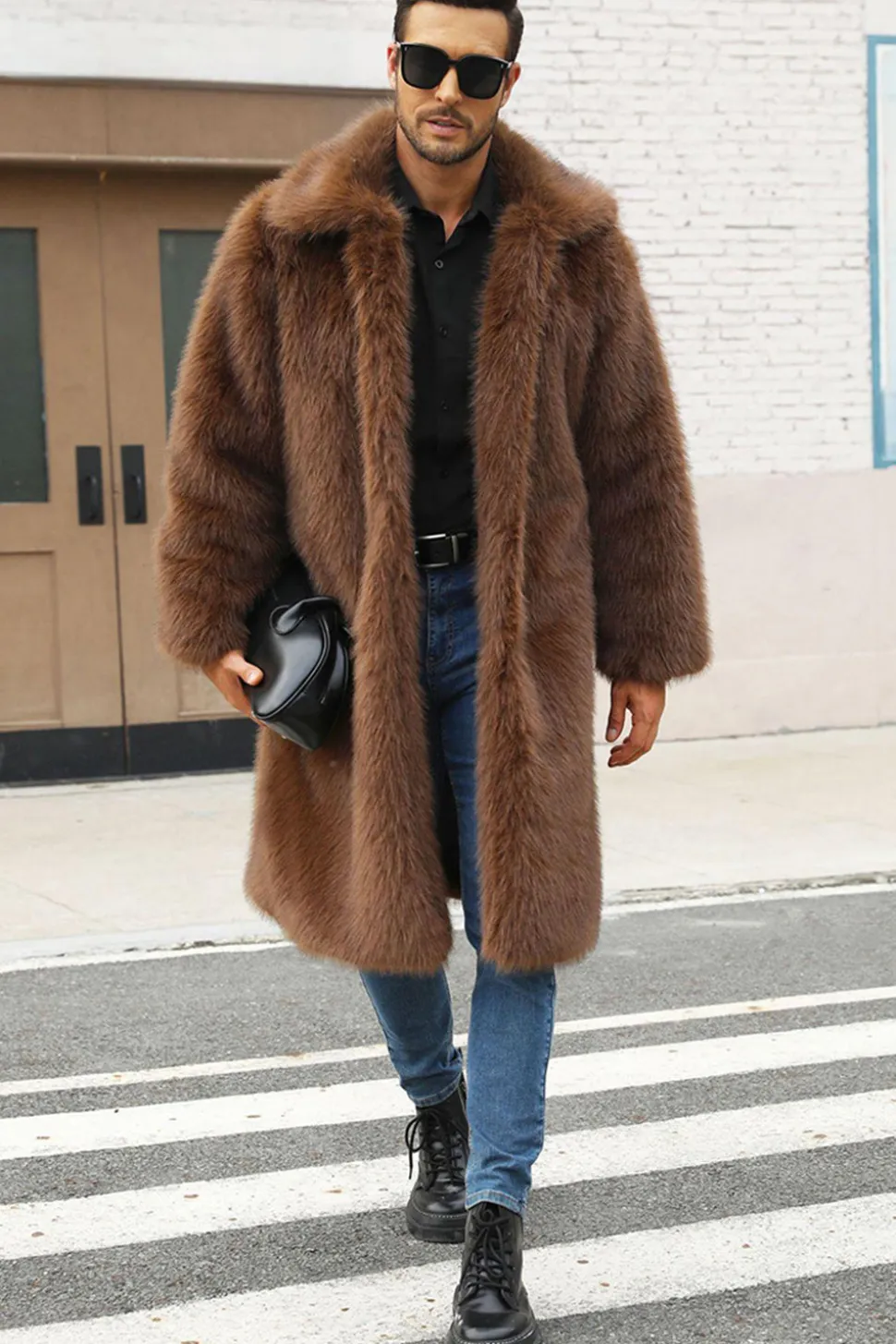 Castanho Fofo Faux Fur Lapel Collar Longo Casaco Masculino de inverno