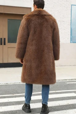 Castanho Fofo Faux Fur Lapel Collar Longo Casaco Masculino de inverno