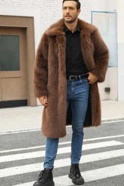 Castanho Fofo Faux Fur Lapel Collar Longo Casaco Masculino de inverno