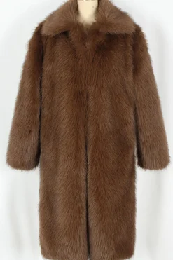 Castanho Fofo Faux Fur Lapel Collar Longo Casaco Masculino de inverno