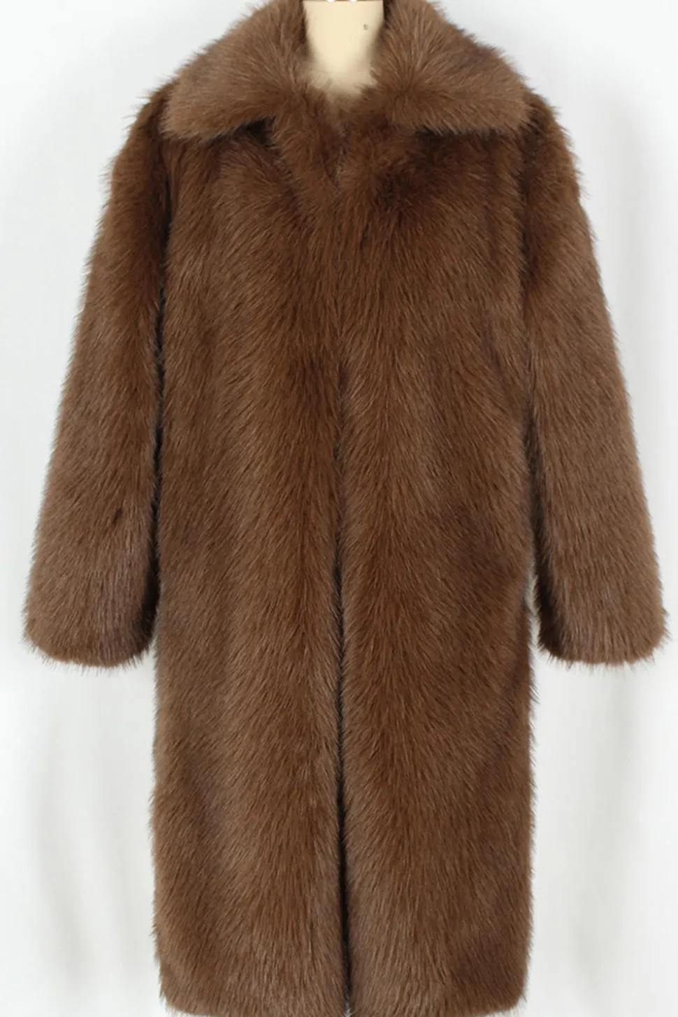 Castanho Fofo Faux Fur Lapel Collar Longo Casaco Masculino de inverno