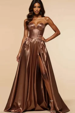 Castanho Linha-A Sem Alças Espartilho Longo Vestido De Baile com Fenda