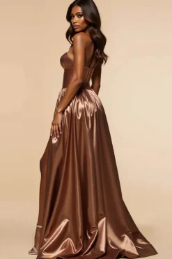 Castanho Linha-A Sem Alças Espartilho Longo Vestido De Baile com Fenda