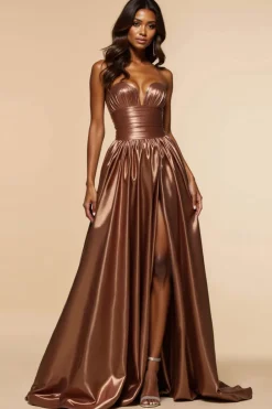 Castanho Linha-A Sem Alças Espartilho Longo Vestido De Baile com Fenda