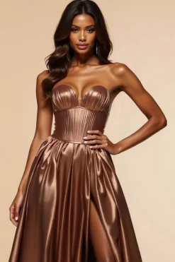 Castanho Linha-A Sem Alças Espartilho Longo Vestido De Baile com Fenda