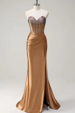 Castanho Querida Sereia Sereia Cetim Prom Vestido com Fenda