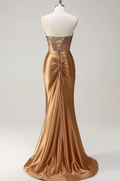 Castanho Querida Sereia Sereia Cetim Prom Vestido com Fenda