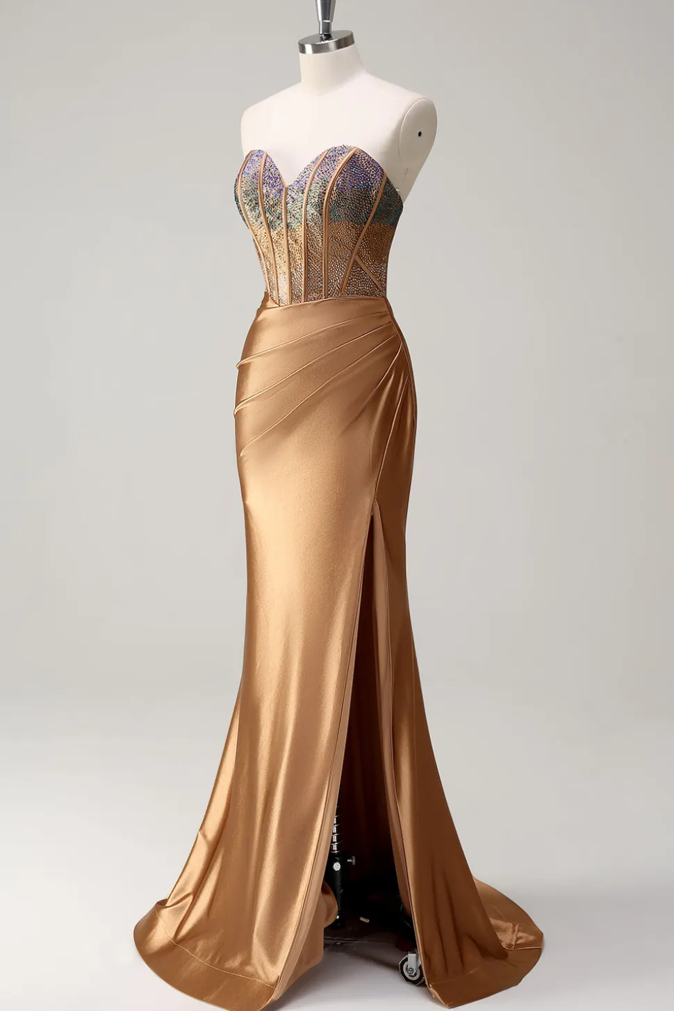 Castanho Querida Sereia Sereia Cetim Prom Vestido com Fenda